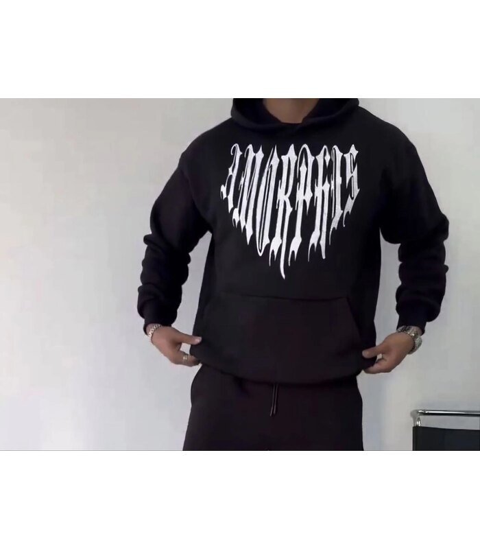 Erkek Kapüşonlu Kanguru Cepli Sweatshirt 3 İplik Pamuklu Baskılı Hoodie - Siyah