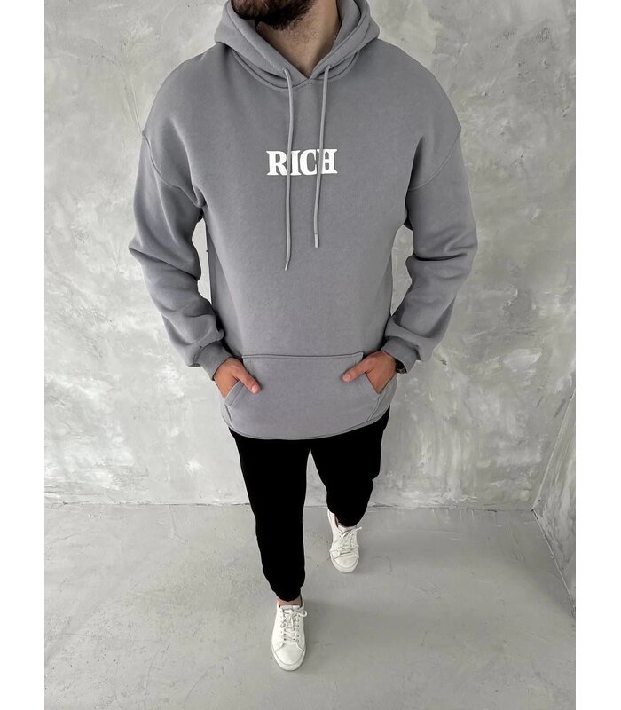 Erkek 3 İplik Pamuklu Kapüşonlu Kanguru Cepli Baskılı Oversize Hoodie Sweatshirt - Gri