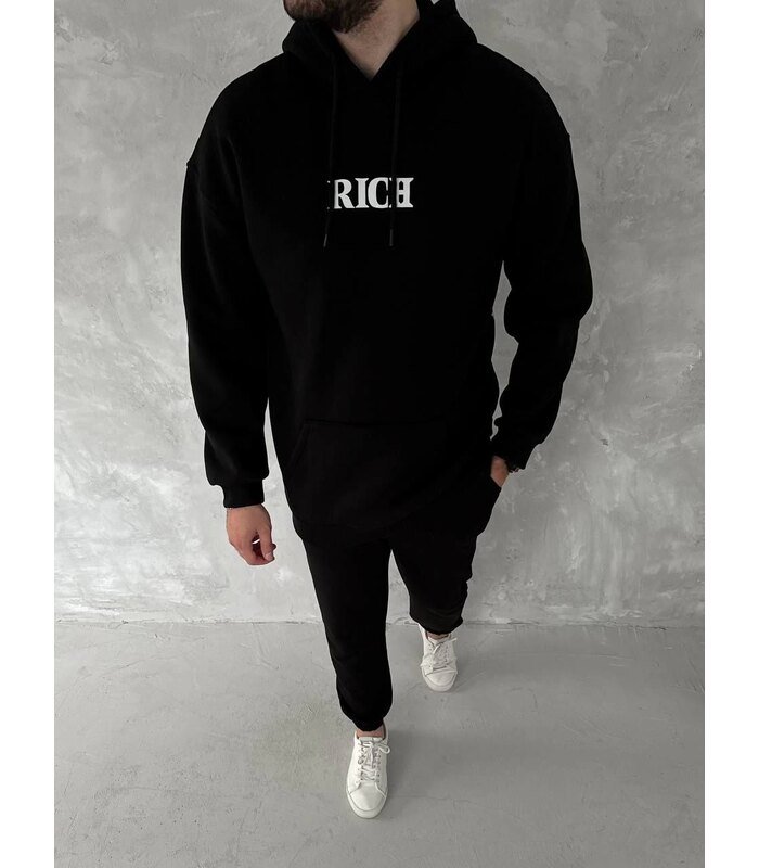 Erkek Kapüşonlu Kanguru Cepli Sweatshirt 3 İplik Pamuklu Baskılı Hoodie - Siyah