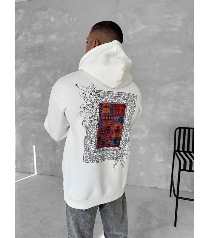 Erkek Kapüşonlu Kanguru Cepli Sweatshirt 3 İplik Pamuklu Baskılı Hoodie - Beyaz