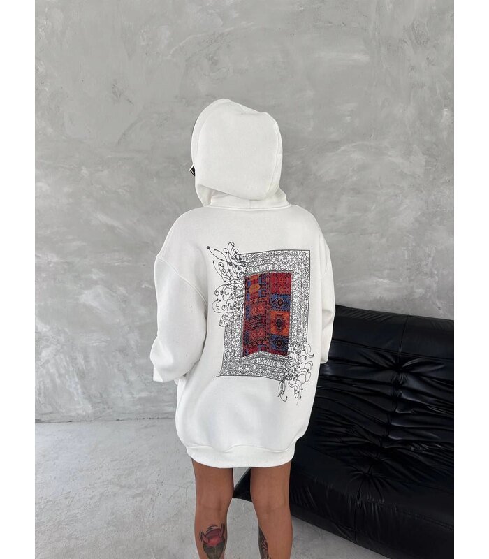 Kadın Kapüşonlu Kanguru Cepli Sweatshirt 3 İplik Pamuklu Baskılı Hoodie - Beyaz