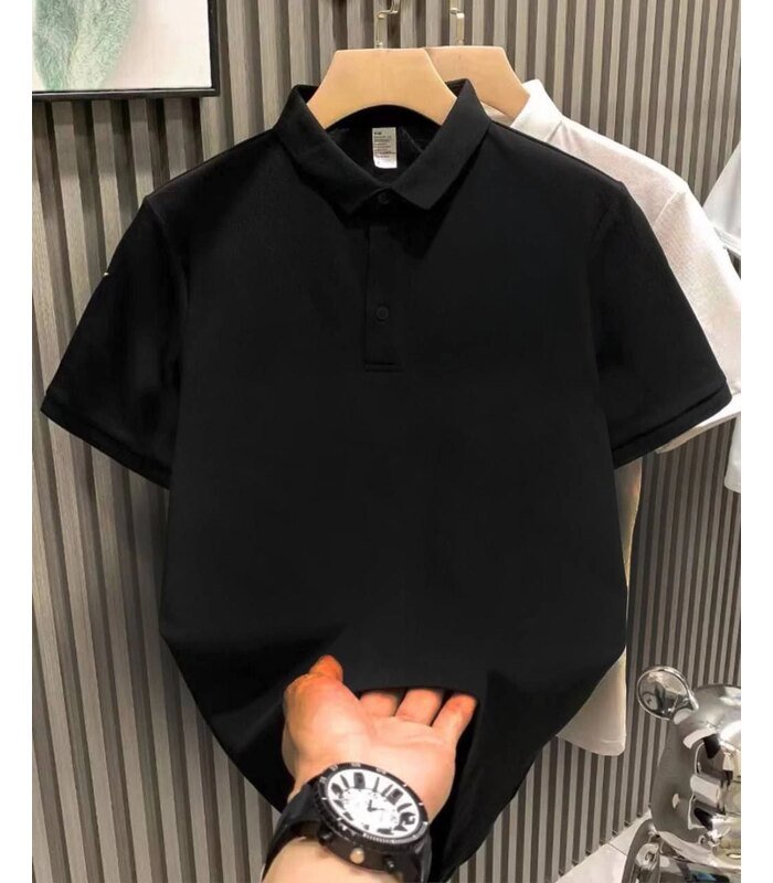 Erkek Polo Yaka Tişört Düğmeli Pike Düz T-Shirt - Siyah
