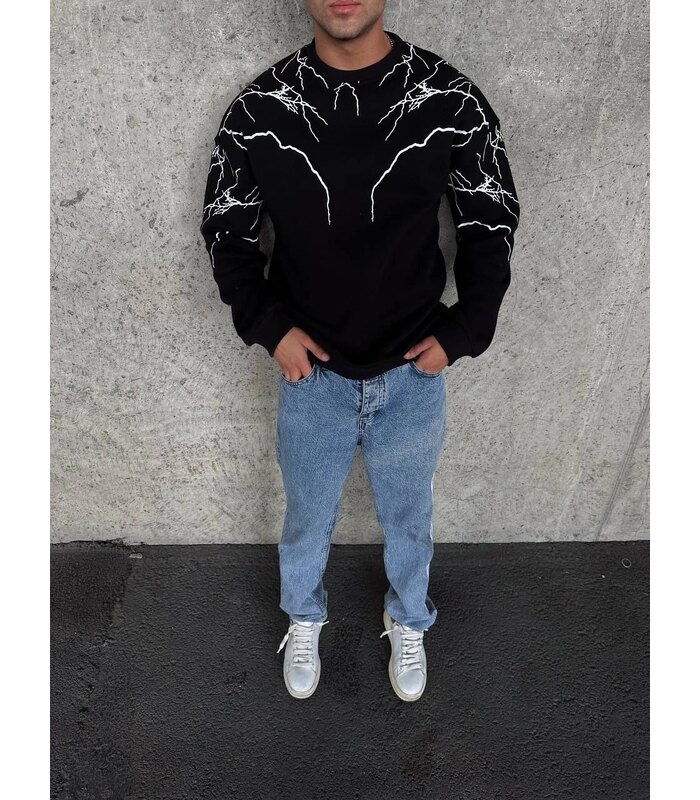Erkek 3 iplik pamuklu Yıldırım Baskılı Bisiklet Yaka SweatShirt - Siyah